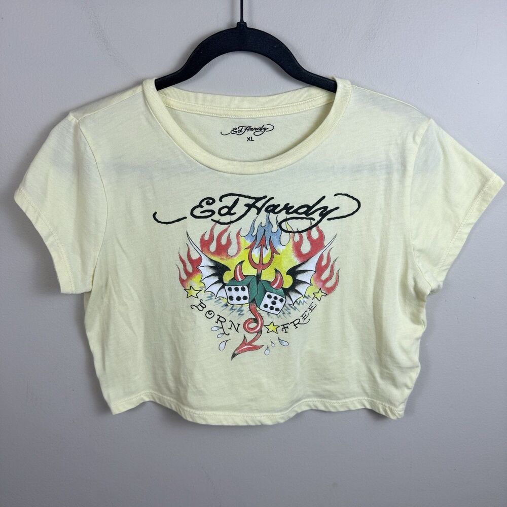 Ed Hardy Women’s Dice Graphic Cropped Yellow Shirt size XLarge Top Short b20